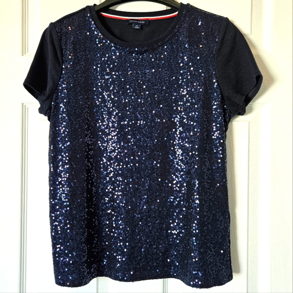 Tommy Hilfiger Sequin Front Tee Jersey Back Small Midnight Blue